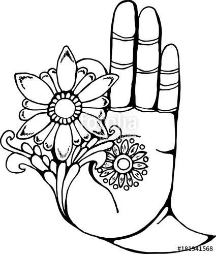 425x500 Illustration Of A Buddha Hand Holding A Flower Black And White