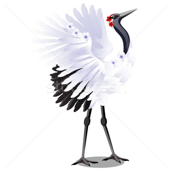 600x600 Japanese Crane Decorated With Flowers Isolated On White Background