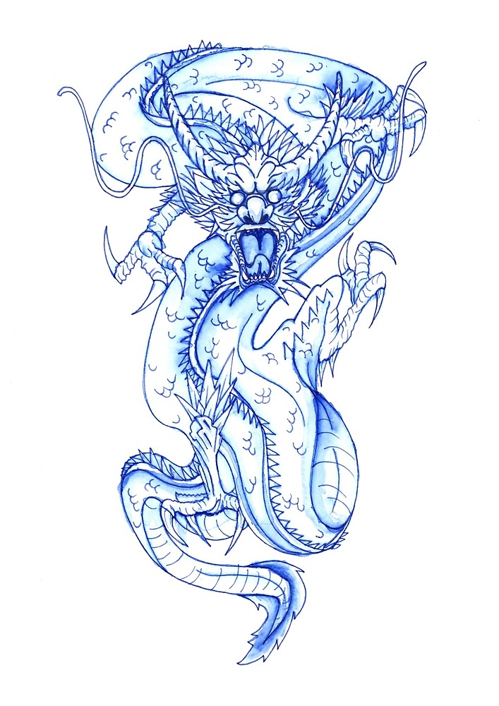 707x1000 Japanese Dragon In Blue Ink