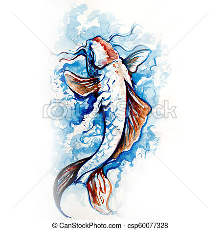 450x470 Japanese Carp, Fish Tattoo Drawing In Blue Colors With Watercolor