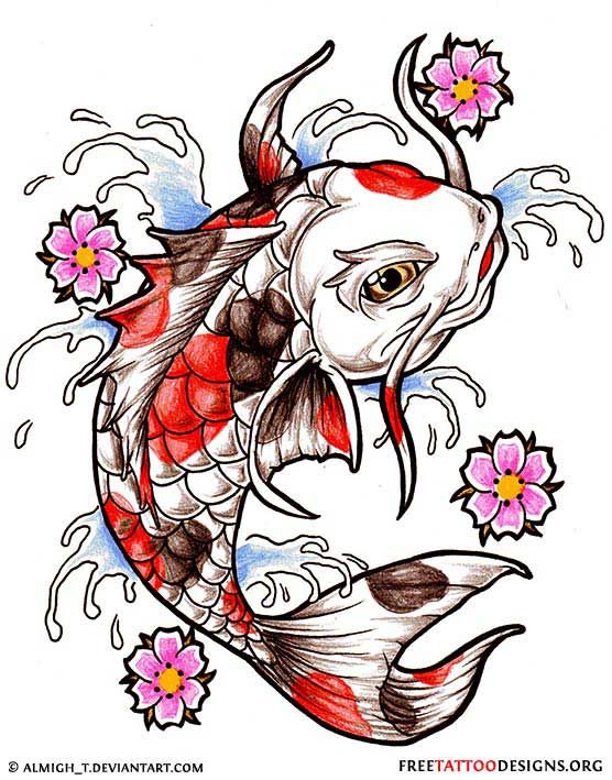 556x709 koi fish tattoo design with splashing water and cherry blossom