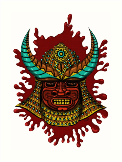 413x549 Japanese Helmet With Mask Cartoon Drawing Art Art Prints