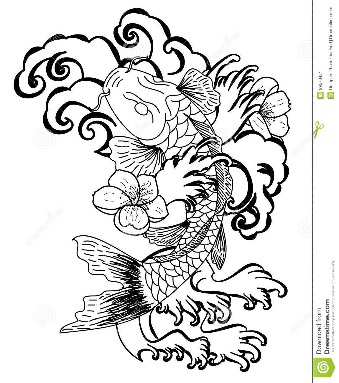 1150x1300 Koi Fish With Flower And Japanese Cloud Tattoo Design Vector Stock