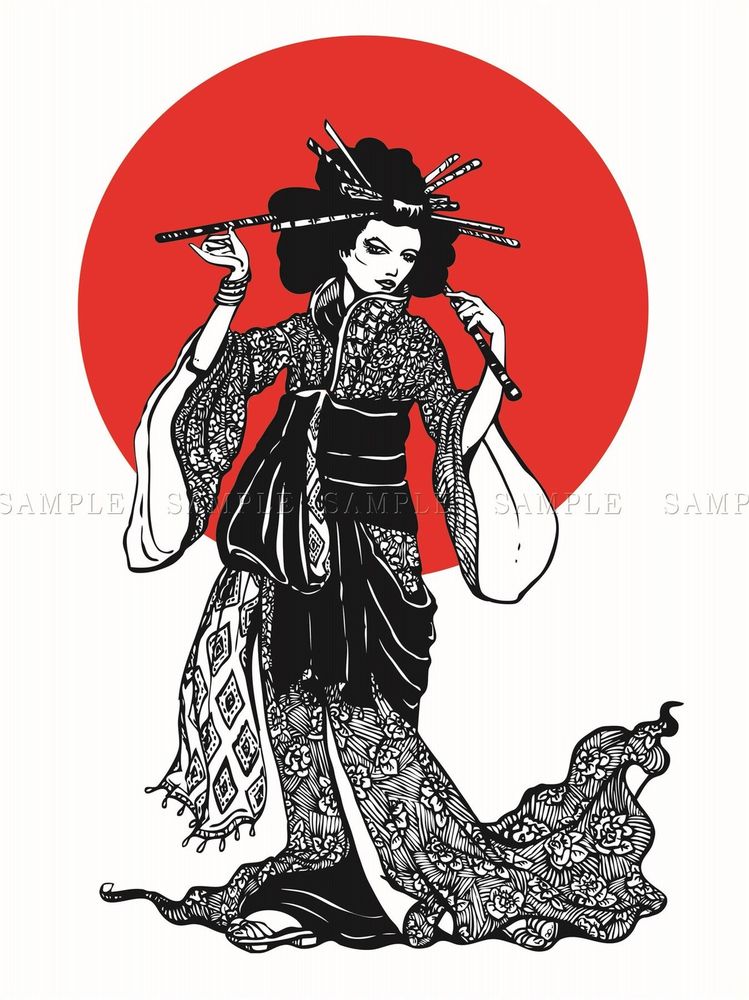 749x1000 Painting Drawing Japanese Woman Geisha Rising Sun Art Print Poster