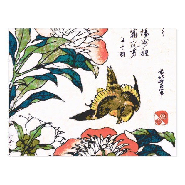 630x630 vintage japanese drawing, peonies and sparrow postcard