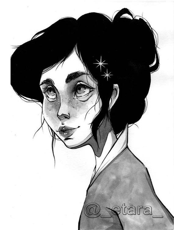 570x751 Original 'black Sketch' Painting Japanese Girl Art Etsy