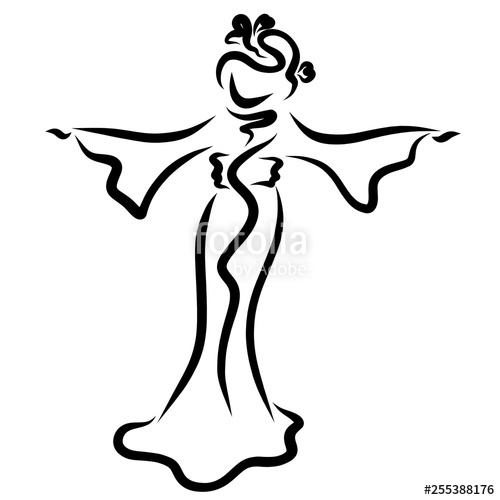 500x500 Young Woman Dancing In A Japanese Dress, Black Contour Stock