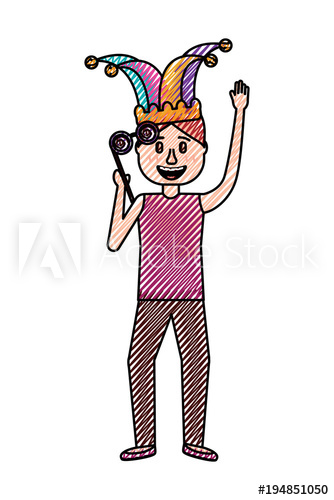 334x500 Funny Man Holding Silly Glasses And Jester Hat Vector Illustration