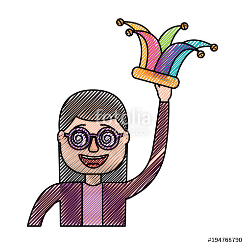 500x500 Funny Smile Woman With Silly Glasses And Jester Hat Vector