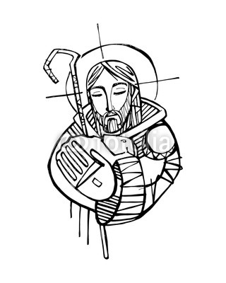 320x400 Jesus Christ Good Shepherd Vector Hand Drawn Ink Illustration