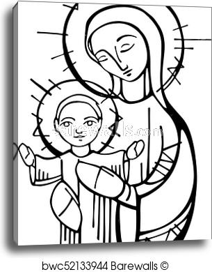 305x390 Virgin Mary And Baby Jesus Christ Ink Illustration, Canvas Print