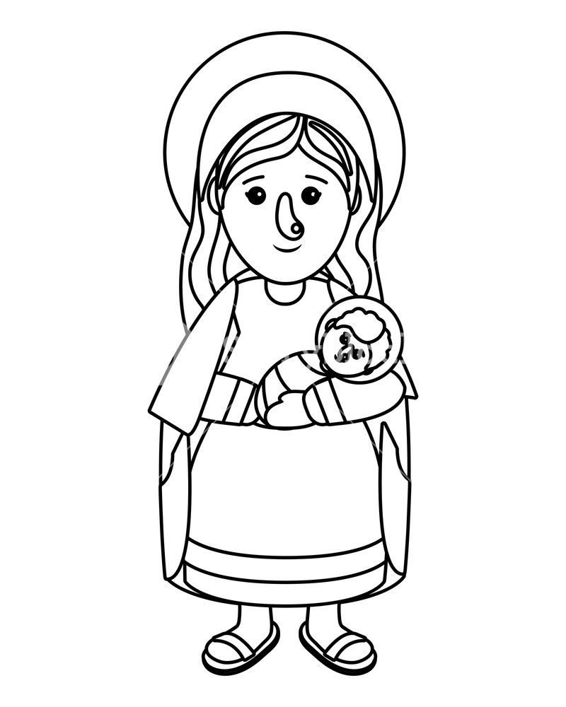 800x1000 Nativity Mary Holding Baby Jesus Cartoon Vector Illustration