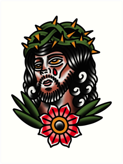 413x549 Traditional Jesus Tattoo Piece Art Prints