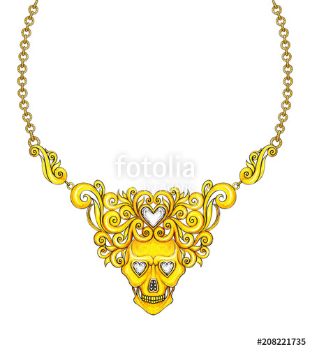 444x500 Jewelry Design Gold Skull Necklace Hand Drawing And Painting