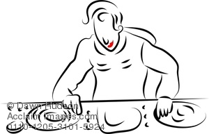 300x193 simple line drawing of a disc jockey with his turntables clipart