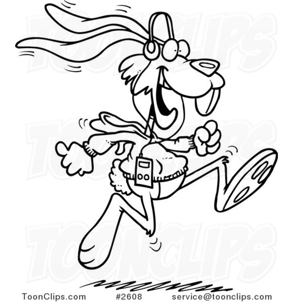 581x600 Cartoon Black And White Line Drawing Of A Jogging Rabbit
