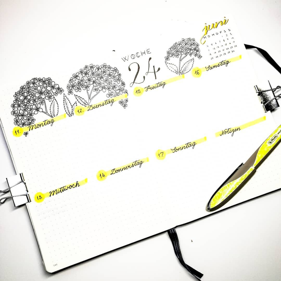 1080x1080 bullet journal weekly layout, cursive dally headers, flower