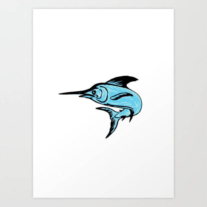 700x700 Blue Marlin Fish Jumping Drawing Art Print