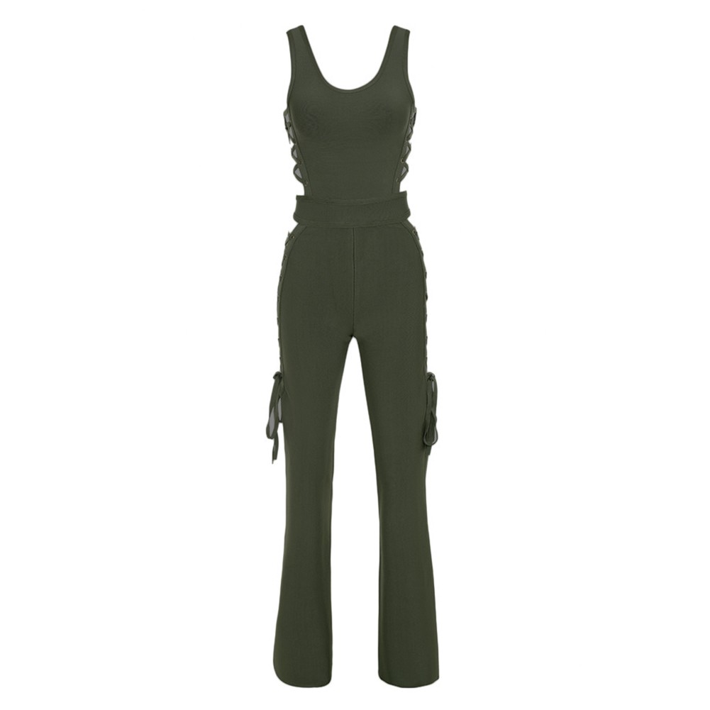1001x1001 olive round neck with tie sides sleeveless bandage jumpsuit
