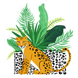 160x160 Illustration With Cute Leopard And Tropical Plants Fashion Exotic