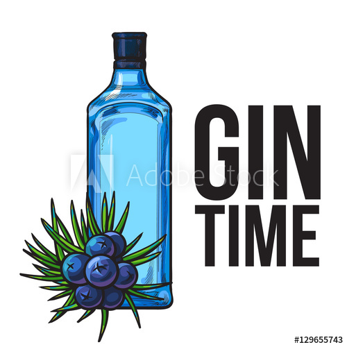 500x500 Blue Glass Gin Bottle And Juniper Berries, Isolated Sketch Vector