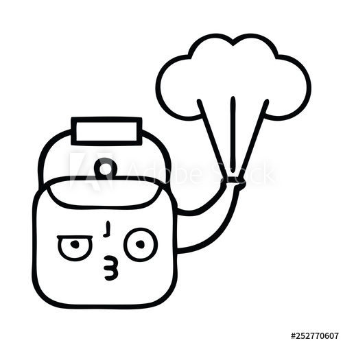 500x500 Line Drawing Cartoon Steaming Kettle