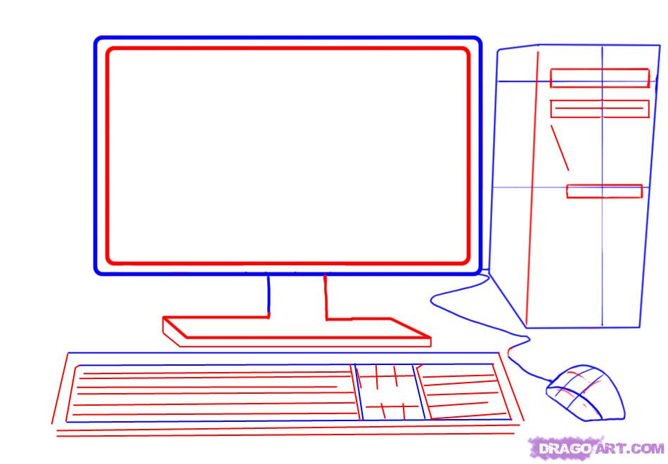 950x661 Draw A Computer, Tower, Keyboard, Screen, Mouse, Step