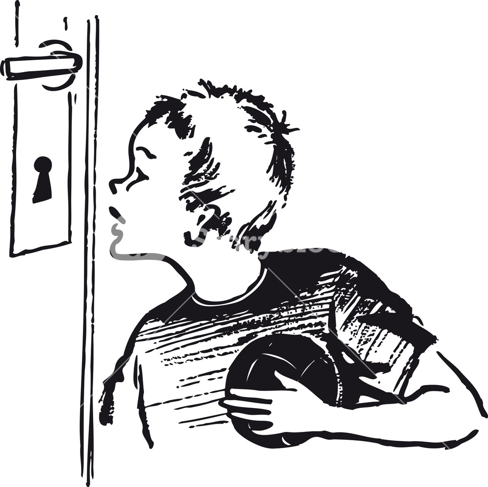 1000x999 boy looking through a keyhole, retro and vintage illustration
