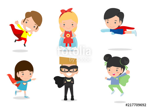 500x366 Cartoon Vector Illustration Of Kid Superheroes Wearing Comics