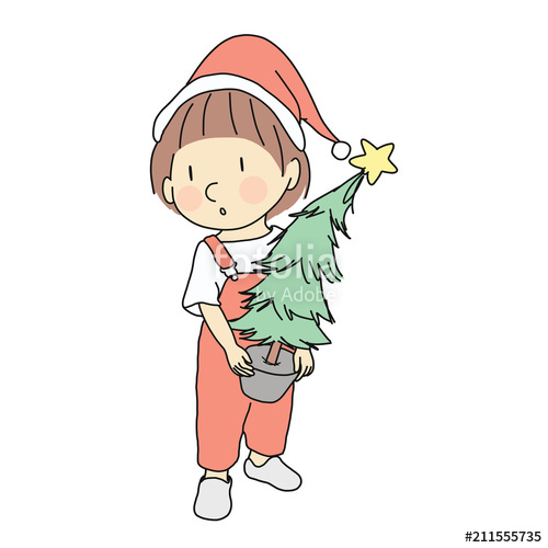 500x500 Vector Illustration Of Little Kid Holding Christmas Tree Family