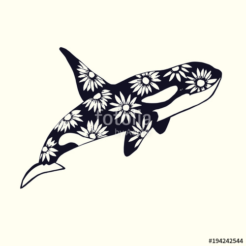 500x500 Killer Whale With Daisy Flowers Print On Skin, Hand Drawn Doodle
