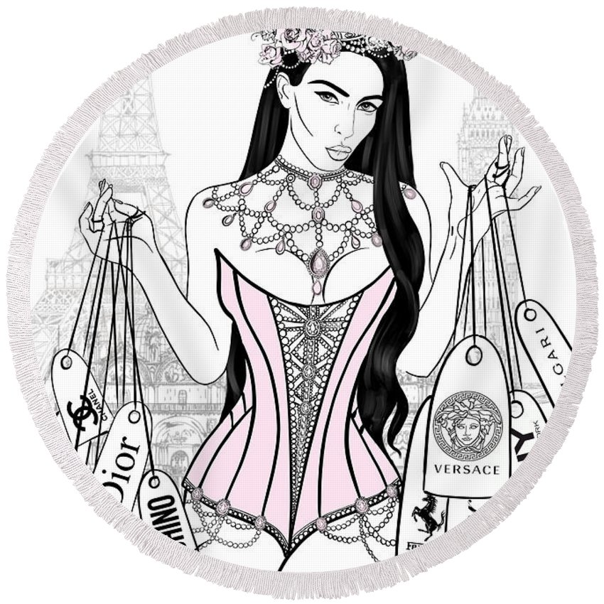 850x850 Kim Kardashian Illustration Round Beach Towel For Sale