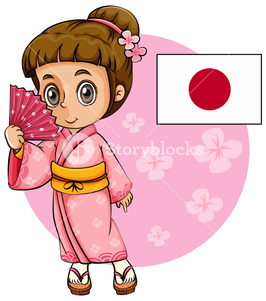 885x1000 japanese girl in pink kimono and japan flag royalty free stock