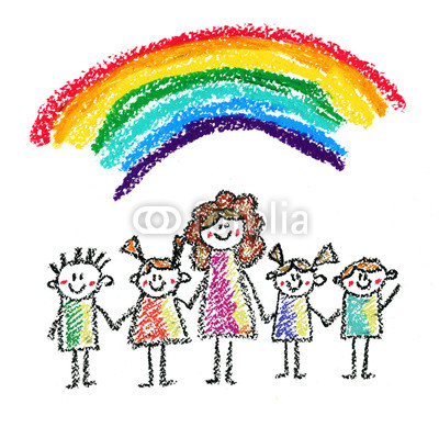 400x399 Teacher With Small Children Crayon Drawing Kids Drawing Style