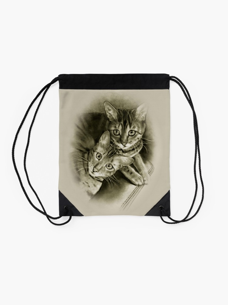 750x1000 Bengal Cat Couple, Pencil Drawing Drawstring Bag