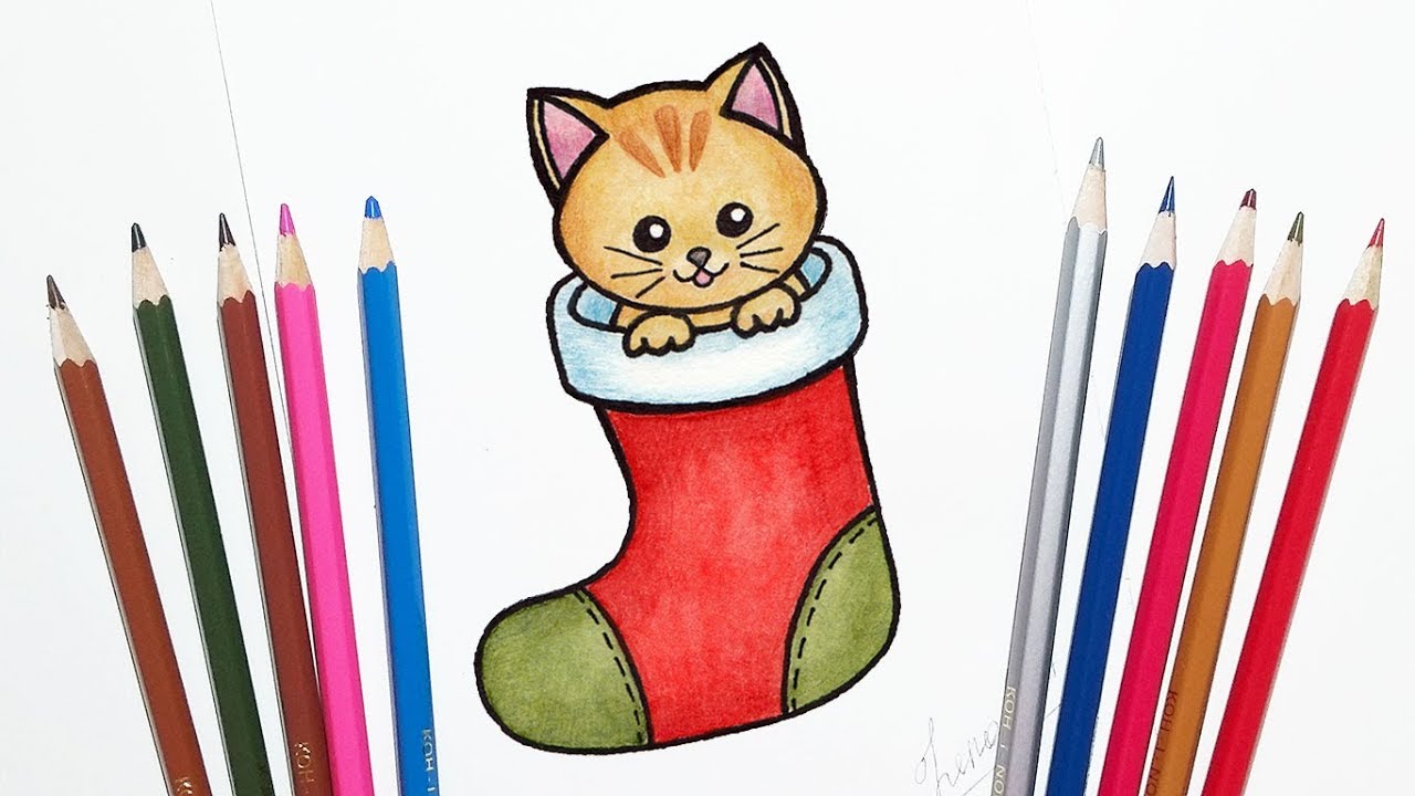 1280x720 How To Draw Cute Kitten In Christmas Stocking