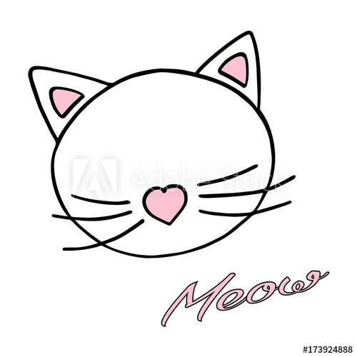 500x500 Kitty Face With Text Meow Hand Drawn Cute Cat Illustration Vector