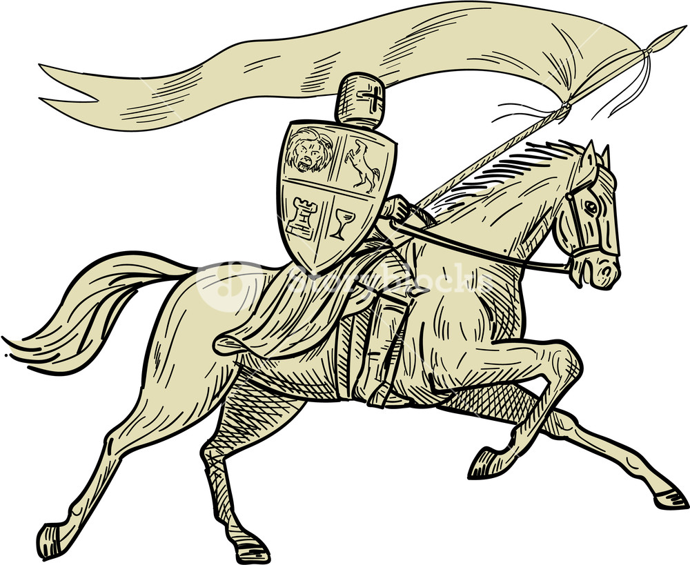 1000x819 drawing sketch style illustration of knight horseback in full