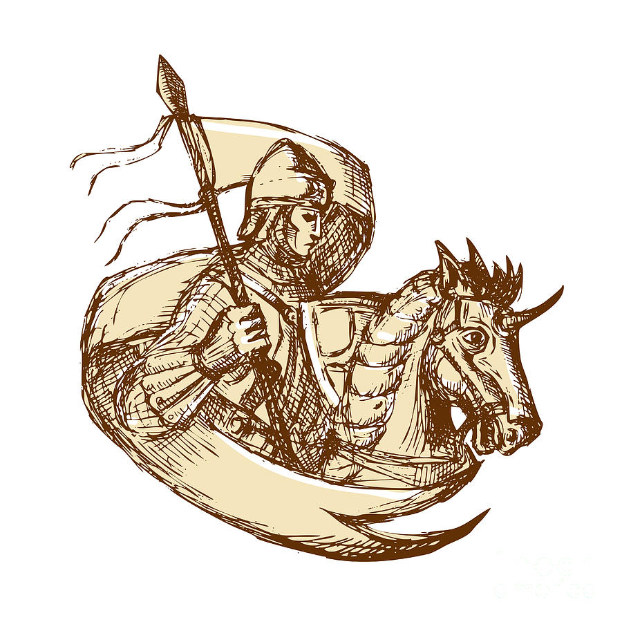 900x900 Knight On Horse Holding Flag Drawing Digital Art