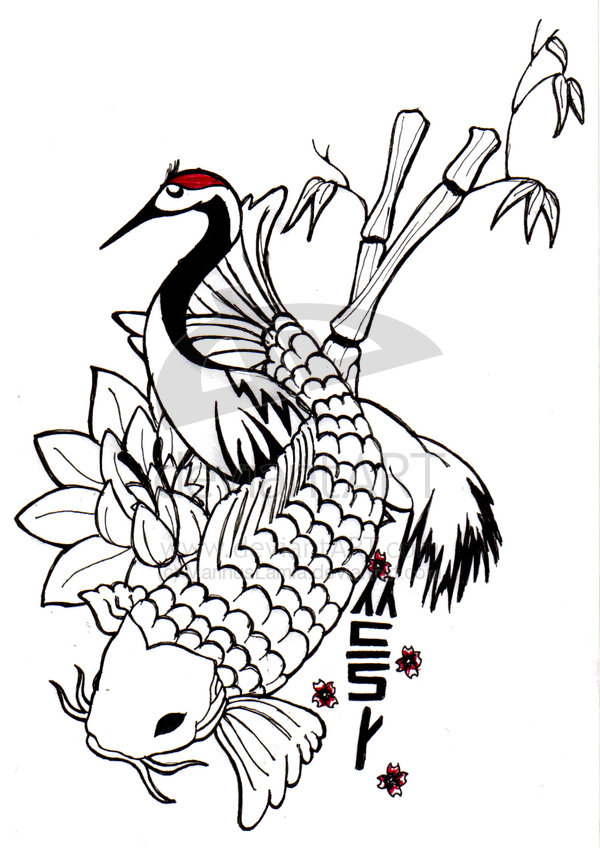 600x848 Koi Fish And Crane Tattoo Design
