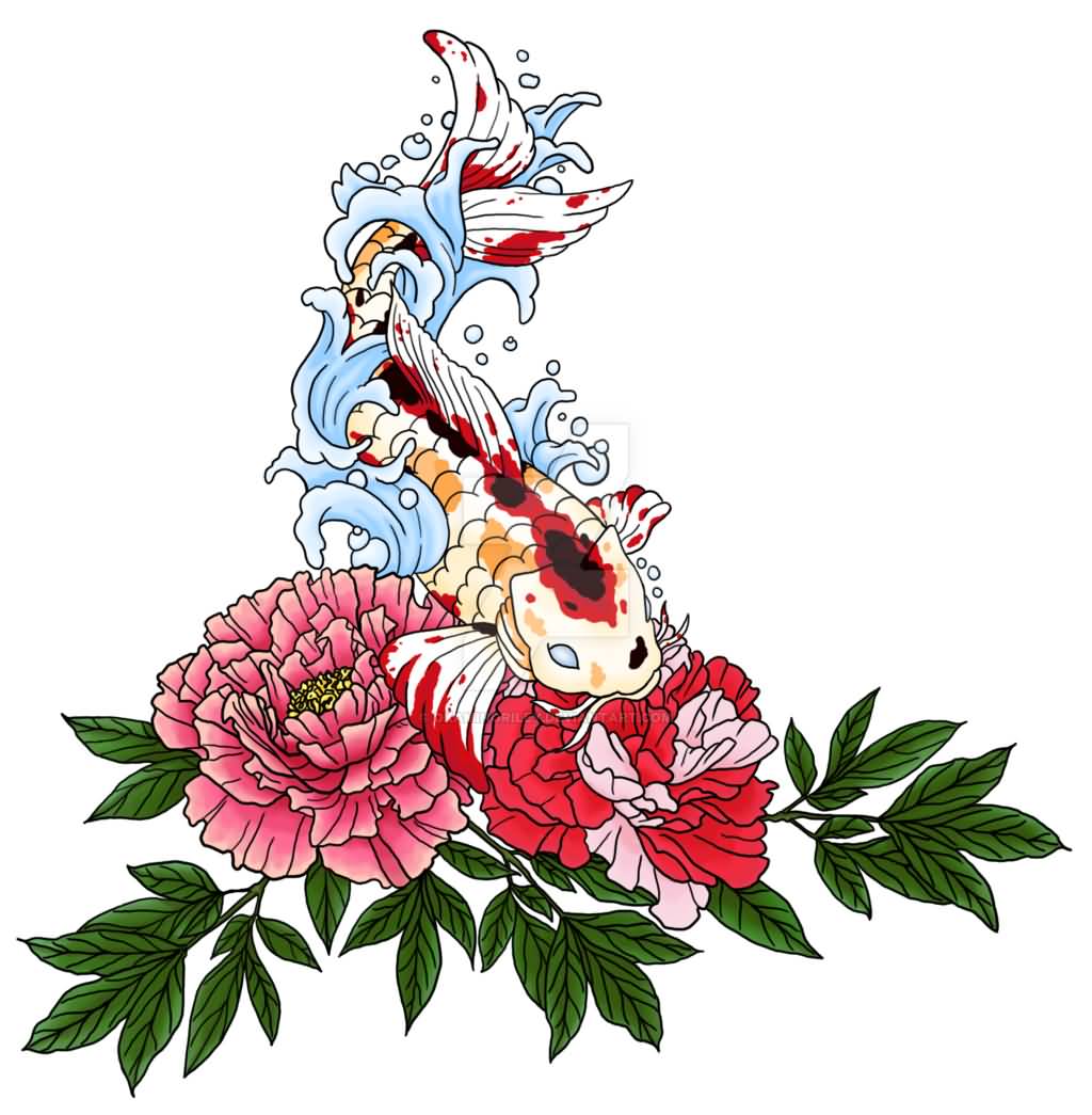 Koi Fish Drawing With Flowers