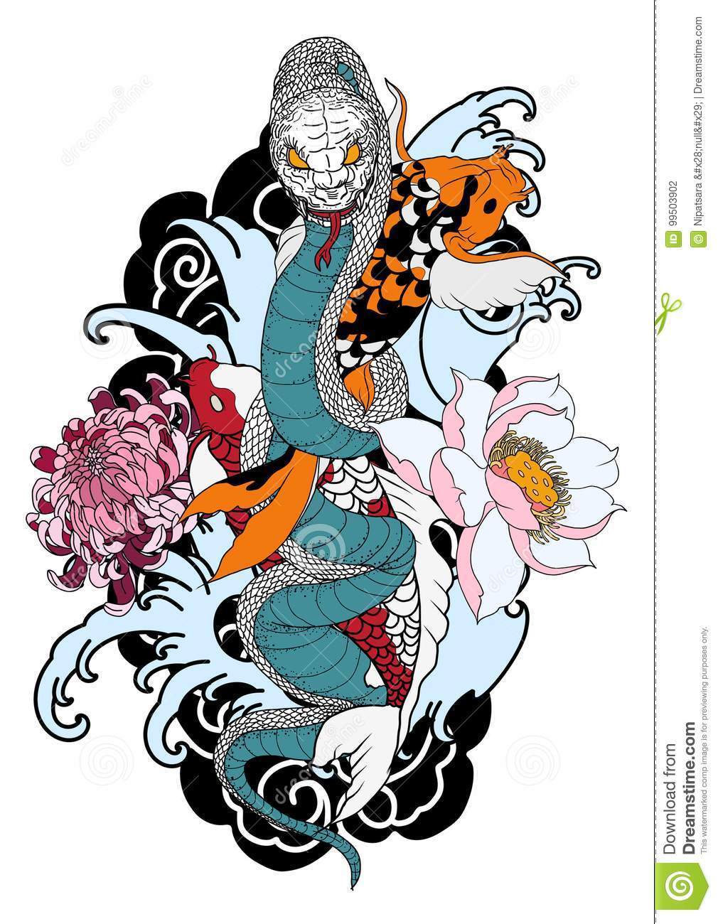 1010x1300 King Cobra And Koi Fish Traditional Tattoohand Drawn And Asian