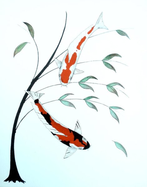 472x600 Japanese Painting Of A Koi Kohaku And Showa Sanke Painting