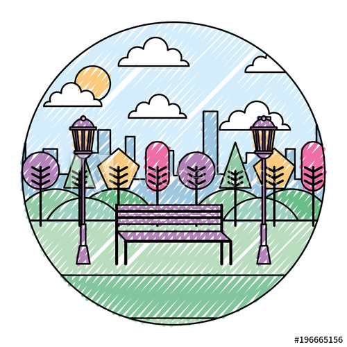 500x500 Landscape Park In The City Bench Trees And Lamps Round Design