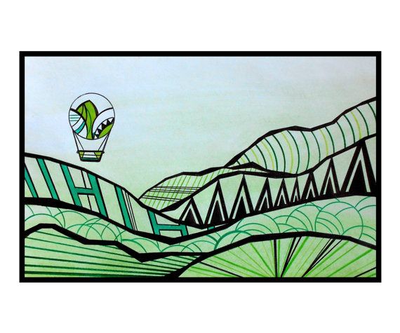 570x475 Hot Air Balloon Art Geometric Landscape Drawing Green Home Decor