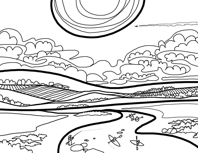 794x613 Landscape Digital Drawing For Your Coloring Pleasure Etsy
