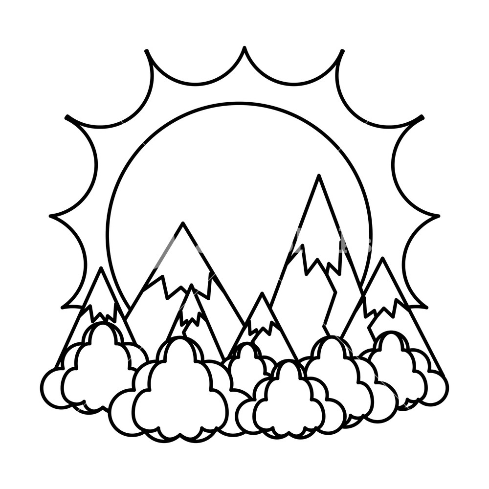 1000x1000 Line Sun With Ice Mountains And Clouds Landscape Vector