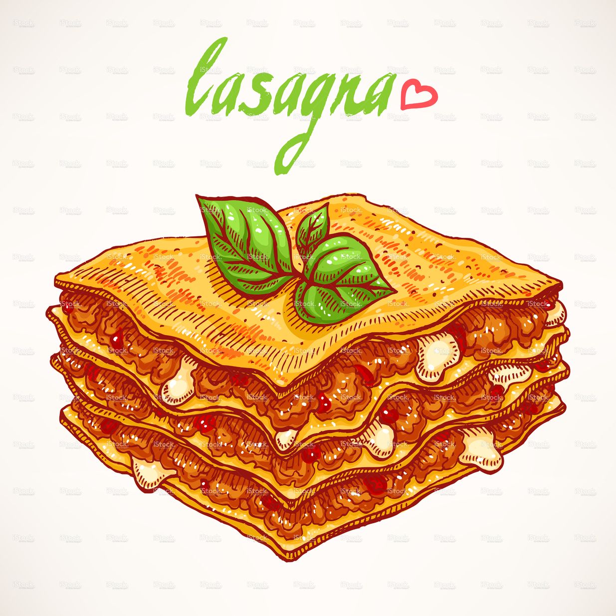 1235x1235 appetizing piece of lasagna with beef and basil leaves vector