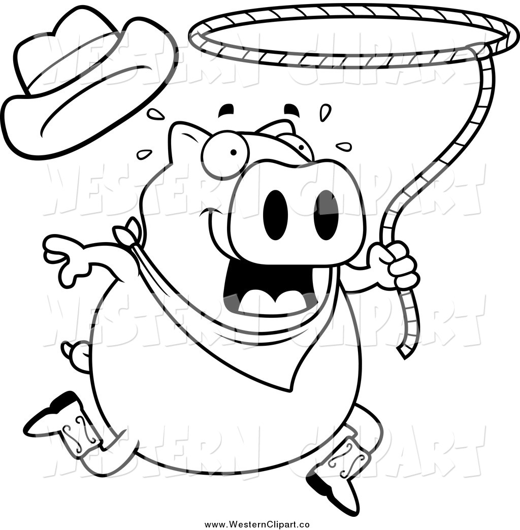 1024x1044 Vector Clip Art Of A Black And White Pig Swinging A Lasso