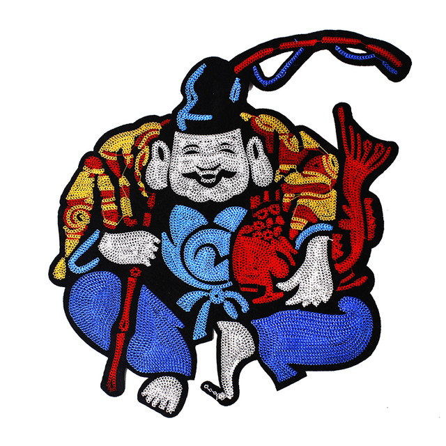 640x640 Colorful Laughing Buddha Lace Applique Embroidery Patches